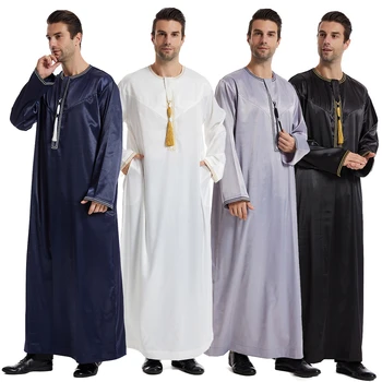 Ислам Кафтан Мусульманская мужская одежда с длинным рукавом Марокканский кафтан Рамадан Передняя молния с кисточками Свободная Дышащая Абая Тобе для мужчин Изображение
