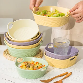 Керамическая матовая двойная миска для ушей, миска для запеченного риса, салатница, миска для фруктов, ручная бытовая миска для детского питания, миски для супа Изображение