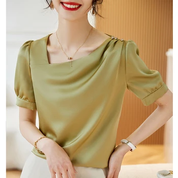 Корейский Повседневный Атласный топ 2023, Летняя одежда, Элегантная Модная Блузка OL, Женская рубашка с коротким рукавом, Blusa Изображение