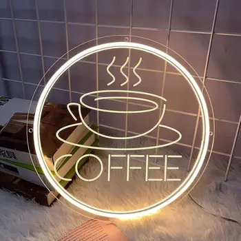 Кофейная неоновая вывеска для декора стен, кофейная чашка, неоновая настенная вывеска, арт-открытая вывеска с диммером для бара, кафе, ресторана, отеля Изображение