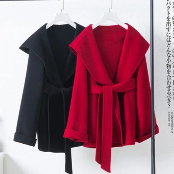 Красная накидка, шерстяное двустороннее пальто с капюшоном, маленькая детская шнуровка, высококачественное двустороннее кашемировое пальто, короткий фасон Изображение