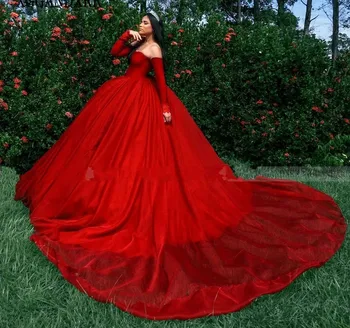 Красное пышное платье 2024 Бальное платье принцессы с длинными съемными рукавами со шлейфом в часовне, сладкие платья для вечеринки по случаю Дня рождения 15-16 на заказ Изображение