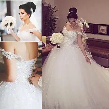 Кружевные бальные свадебные платья с открытыми плечами, элегантные свадебные платья из тюля на заказ, Vestidos De Novia Изображение
