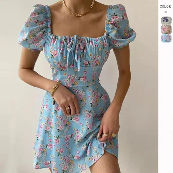 Летнее короткое платье с открытыми плечами и цветочными пышными рукавами для женщин, синие сексуальные эстетичные мини-платья, сарафан 2023 года выпуска Изображение