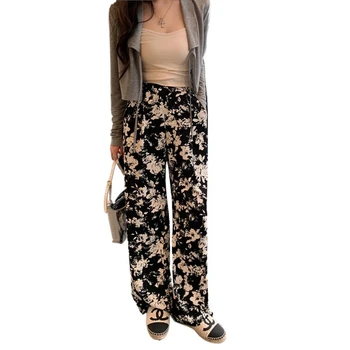 Летние Девичьи шифоновые брюки 2023 года с винтажным цветочным принтом, Повседневные Свободные Прямые Модные Удобные Тонкие брюки с эластичной талией. Изображение