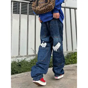 Мешковатые джинсы с буквенным принтом для мужчин, винтажные джинсы в стиле хай-стрит, хип-хоп, широкие брюки, мужская одежда, повседневные прямые мужские джинсовые брюки Изображение