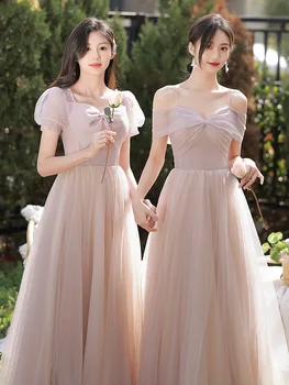 Милое розовое платье подружки невесты, 4 стиля вечерних платьев с открытыми плечами и бантом, Классическое Тюлевое Элегантное свадебное платье для гостей на шнуровке Изображение