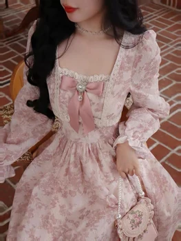 Милое Розовое платье принцессы, женское винтажное платье с цветочным принтом и пышными рукавами, женские элегантные длинные платья с кружевным бантом в кавайном стиле. Изображение