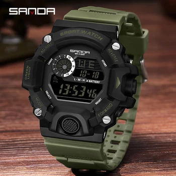 Модные Мужские спортивные часы Sanda Top Brand, многофункциональные светодиодные цифровые электронные 5atm, водонепроницаемые военные светящиеся наручные часы Изображение