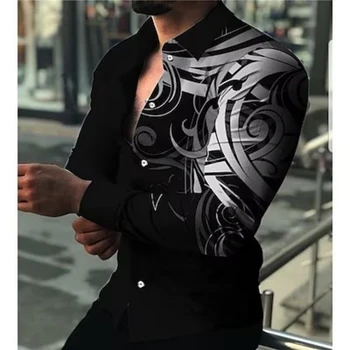 Мужская рубашка с графическим принтом, геометрия, уличная одежда с 3D-принтом, длинный рукав, модная уличная одежда, Дизайнерские повседневные блузки Изображение