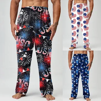 Мужские весенне-летние пижамные штаны с принтом Дня независимости, длинные брюки, повседневные штаны, чулки в подарок мальчику Изображение
