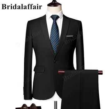 Мужские костюмы Bridalaffair, комплект из 2 предметов, черный блейзер, куртка, брюки, свадебный смокинг на одной пуговице, мужской однотонный костюм Homme Изображение