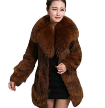 Новая горячая модная шуба с воротником из меха енота, зимнее длинное пальто из меха кролика, куртка из большого натурального меха, женское пальто размера 3XL 4Xl 5XL Изображение