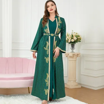Новая Мусульманская Модная Весенняя Одежда С Длинной Юбкой из двух частей на Ближнем Востоке, Дубайское Платье с длинными рукавами Islam Jilbab Abaya Femme Musulman Изображение