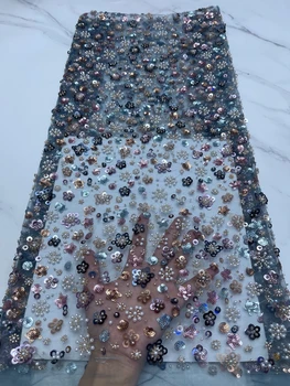 Новейшая Африканская тюлевая ткань ручной работы с бисером, Роскошное Алжирское кружевное вечернее платье для свадебной вечеринки Изображение