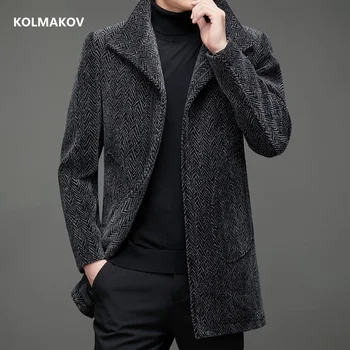 Новинка зимы 2024, модный шерстяной тренч для мужчин, мужские куртки, классические утепленные мужские пальто, большие размеры M-3XL Изображение