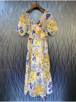 Новое летнее длинное платье 2023 года, высококачественное женское платье с V-образным вырезом, красочные цветочные принты, Короткий рукав, Повседневное женское платье для вечеринок, Vestido Festa Изображение