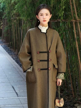 Новое утолщенное шерстяное пальто в китайском стиле, женское зимнее зеленое шерстяное пальто Изображение