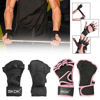 Новые перчатки для занятий тяжелой атлетикой для фитнеса с обертыванием запястий, Силиконовая защита ладоней, нескользящие Женские Мужские перчатки для фитнеса Изображение