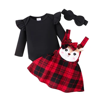 Осенне-зимний наряд для маленькой девочки, комбинезон с длинными рукавами и рюшами, клетчатая юбка на подтяжках с вышивкой лося, рождественский комплект из 3 предметов Изображение
