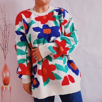 Осенне-зимний новый утолщенный цветной пуловер с круглым вырезом и длинными рукавами в крупный цветок Изображение