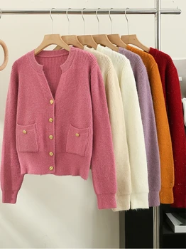 Осенне-зимний новый яркий шелковый свободный свитер с коротким рукавом и V-образным вырезом, однобортный вязаный кардиган с карманом. Изображение