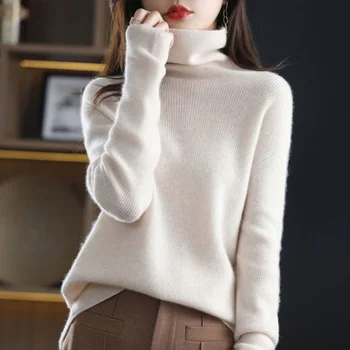 Осенне-зимний пуловер, вязаный свитер, женский пуловер с высоким воротом, однотонный свитер, корейский свитер с длинным рукавом, женский свитер с низом Изображение