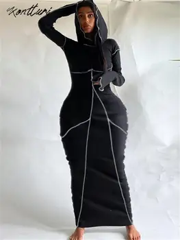 Осенние повседневные облегающие платья в стиле пэчворк Konturi Для женщин 2023, платье с капюшоном с длинным рукавом, уличная одежда, Черное женское платье Макси Изображение