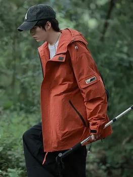 Осень 2023, новые Мужские повседневные куртки, Корейская мода, уличная ветровка из нейлоновой ткани с несколькими карманами, пальто с капюшоном Изображение