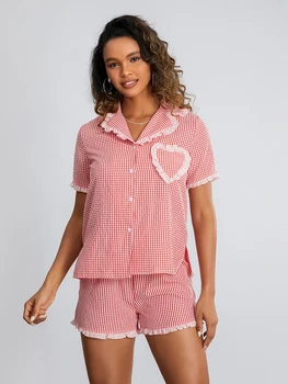 Пижамный комплект Women Heart из двух предметов, удобная мягкая рубашка с длинными рукавами на пуговицах, топы и шорты с завышенной талией, комплект для отдыха Изображение
