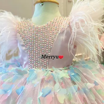 Платье с 3D-принтом в виде бабочки и перьев для девочек в цветочек, Роскошное праздничное платье принцессы, бальное платье для девочек, детская одежда Изображение