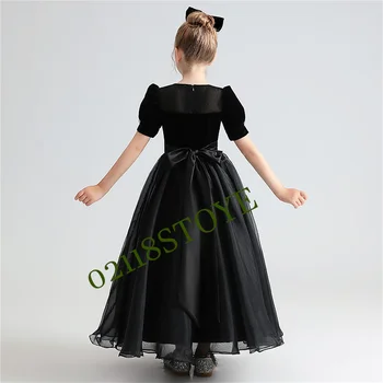 Платья для девочек с пышными рукавами, Черное детское концертное платье для дня рождения, Вельветовое тюлевое Детское платье для подружек невесты Изображение