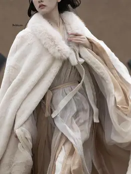 Плащ Hanfu Женский с большим флисовым воротником, зимний плюшевый утолщенный двухслойный теплый длинный плащ в старинном стиле, зимний плащ Изображение