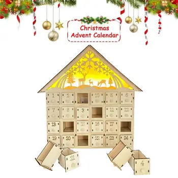 Рождественский деревянный Адвент-календарь Дом со светодиодной подсветкой Календарь обратного отсчета на 24 дня Подарочная коробка с пустыми ящиками Рождественское украшение Изображение