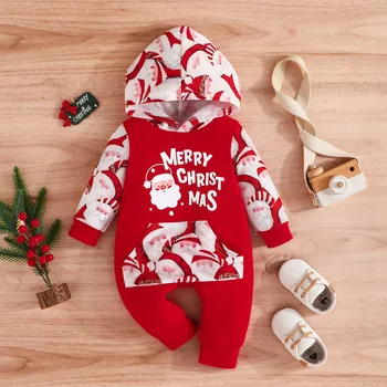 Рождественский костюм новорожденного Для маленьких мальчиков и девочек, комбинезон Санта-Клауса с принтом, комбинезон с длинными рукавами, Рождественская одежда для малышей 35 Изображение