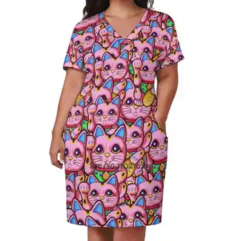Розовая юбка Lucky Cat с V-образным вырезом и коротким рукавом, Корейские юбки Kawaii, вечерние платья, платье-юбка Lucky Cat Luckycat Manekineko Neko Для Изображение