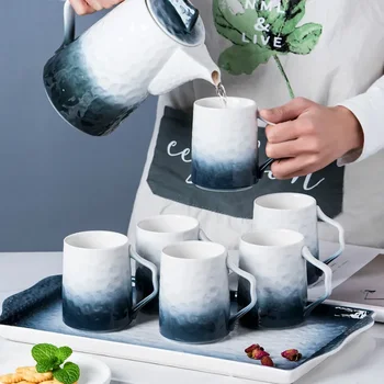 Роскошный керамический чайный сервиз в скандинавском стиле, чашка для воды, чайник, холодный чайник с подносом, современный домашний набор чашек для послеобеденного чая, набор кофейных чашек Изображение