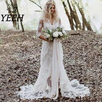 Свадебное платье YEEH с кружевной аппликацией, V-образный вырез, рукава 3/4, элегантное свадебное платье с иллюзионным шлейфом трапециевидной формы, Vestido De Noiva для невесты Изображение