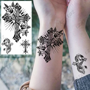 Сексуальные временные татуировки с цветочным крестом Для женщин и взрослых, реалистичный Якорь, Череп, компас, поддельная татуировка, водонепроницаемые татуировки на руке Изображение