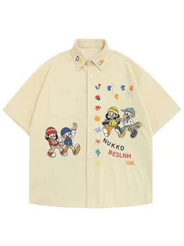 Сикпмен Американская Забавная Мультяшная Вельветовая рубашка с вышивкой и коротким рукавом, мужские и женские свободные рубашки, Уличная дизайнерская одежда Изображение