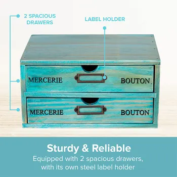 Синий деревянный ящик для рабочего стола, Организованное решение для хранения вещей на офисном столе широкого применения в винтажном стиле Изображение