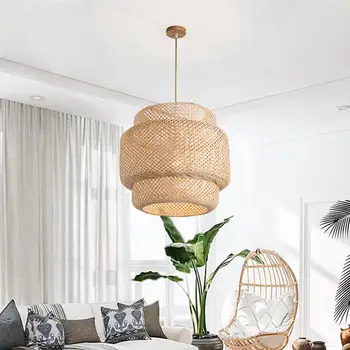 Современная бамбуковая люстра ручной работы, абажур, подвесной светильник, обеденный светильник без лампы Изображение