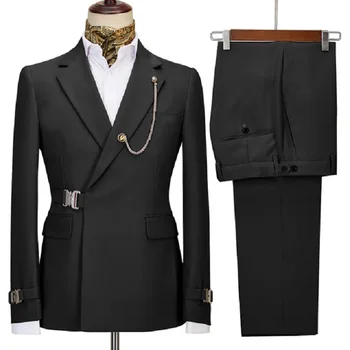 Сшитый на заказ Черный мужской приталенный костюм, двубортный, из 2 предметов, официальный свадебный костюм, блейзер для жениха, брюки (пиджак + брюки) Изображение