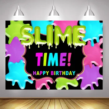 Тематический Фон с Днем Рождения в стиле Slime Time для Фотосъемки Красочный Слизистый Паук, Разбивающий Торт ко Дню Рождения, Фоновая Фотосессия Изображение