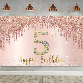 Фон с 5-м днем рождения для девочек Розовый, розово-золотой, 5 лет, баннер для вечеринки на День рождения, украшение фотобудки, фон для плаката Изображение