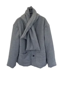Хлопчатобумажная куртка со стоячим воротником, короткая свободная версия с шарфом, теплая и удобная новинка зимы 2023 года 1127 Изображение