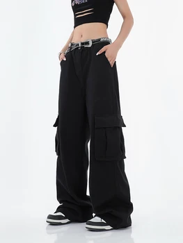 Черные брюки-карго, джинсы с карманами, женские прямые брюки оверсайз в стиле Харадзюку, винтаж 90-х, брюки в стиле BF с высокой талией, широкие, мешковатые Изображение