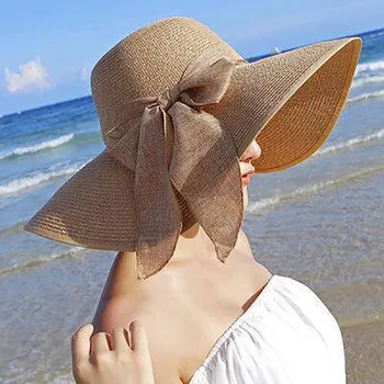 Шляпа Женская Летняя Пляжная Шляпа Женская Солнцезащитная шляпа для отдыха на море Складная шляпа с солнцезащитным козырьком с большими полями Соломенная шляпа Chapeu Panama Feminino Изображение