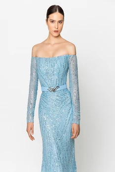Элегантное вечернее платье Русалка, платья для официальных мероприятий, сияющие драгоценностями претенденты, пояс, рукава, молния, платье для выпускного вечера, Vestido De Noite Изображение