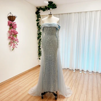 Элегантное вечернее платье с жемчугом русалки небесно-голубого цвета для женщин 2023, длинные рукава со съемным шлейфом, вечерние платья для выпускного вечера и свадебной вечеринки Изображение